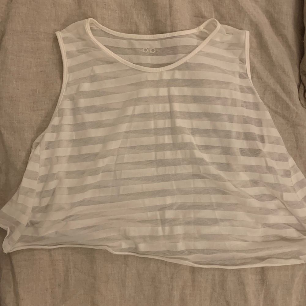 Alo Yoga White Soft Light Crop Top Striped Sheer